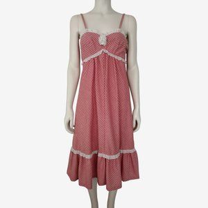 Vintage 1970s Jody T Pink Striped Empire Waist Ruffled Hem Midi Dress